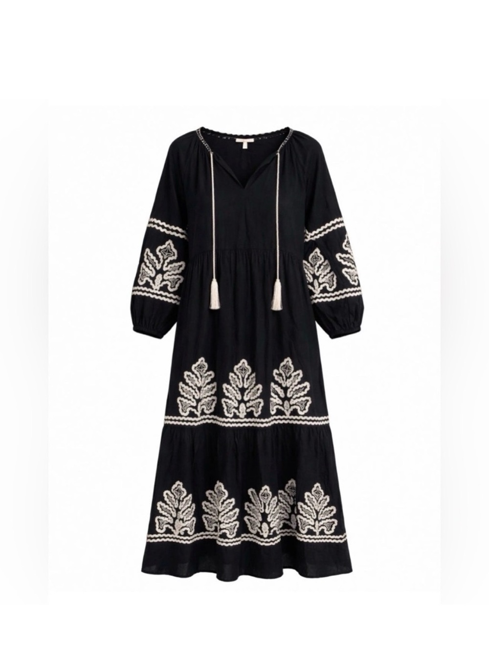 Chico's Black Boho Maxi Dress with White Embroidery and Tassels